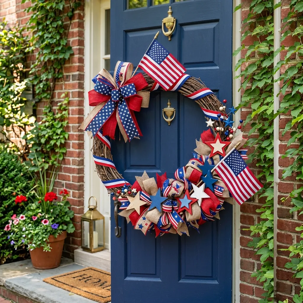 Classic red, white, and blue Fourth of July wreath on a front door